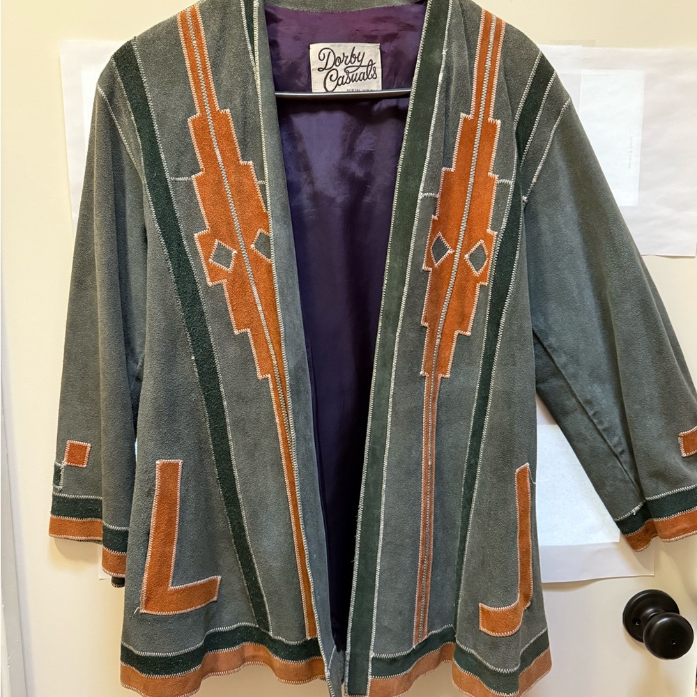 Vintage Unique Sourhwestern Gray Leather Jacket with green & orange accents